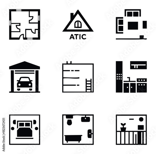 Collection of flat icons representing real estate objects like floor plans rooms garage kitchen bedroom bathroom and balcony for architectural presentations and property listings