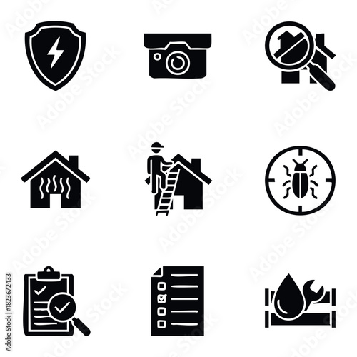 Collection of modern icons for home inspection services, security, pest control, and maintenance needs for real estate or property management businesses.