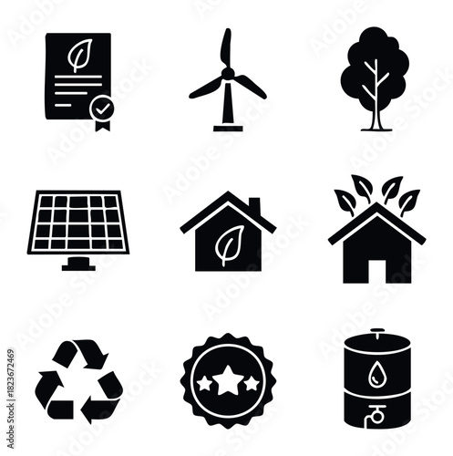 Collection of glyph icons representing sustainability, renewable energy, and eco friendly concepts for environmental protection and green technology promotion.