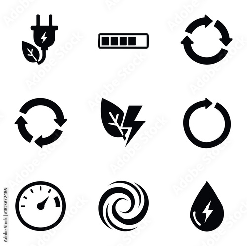 Collection of eco friendly energy and power icons symbolizing sustainability, recycling, battery charge, and renewable resources for environmental awareness themes.