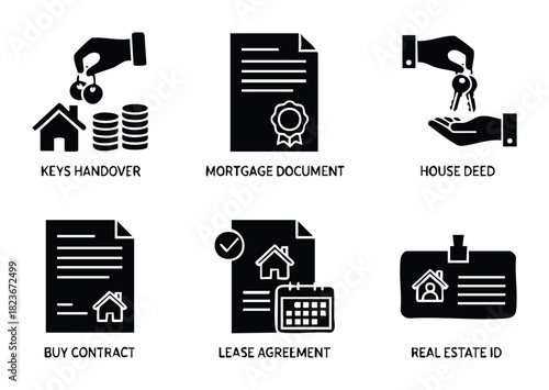 Collection of real estate transaction icons representing keys handover, mortgage, house deed, buy contract, lease agreement, and real estate ID for property services and finance concepts.