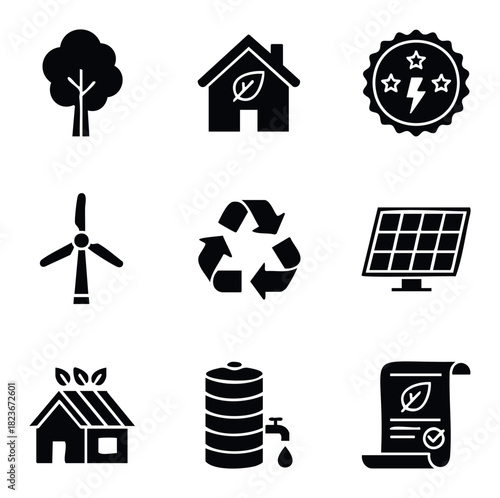 Collection of ecofriendly energy icons including tree, house with leaf, energy seal, wind turbine, recycle symbol, solar panel, green house, water tank, and environmental certificate for