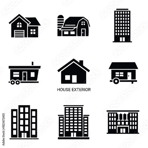Collection of diverse building exteriors including residential homes, barns, apartments and mobile homes presented as black glyph icons for property or real estate use.