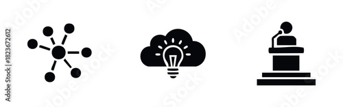 Set of three black icons representing network connections, a lightbulb inside a cloud for ideas, and a speaker at a podium for presentations and public speaking, perfect for business or