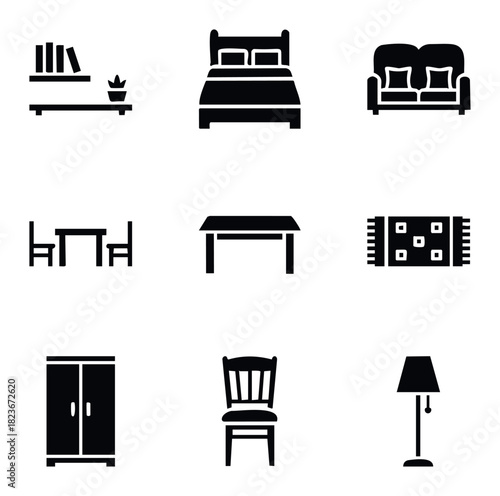 Collection of nine black and white furniture icons representing home decor and furnishings for interior design and living space organization concepts.