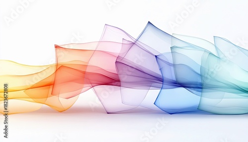 Abstract flowing waves of colorful translucent material, transitioning from warm yellow and orange to cool purple, blue, and teal. The forms are layered and cur