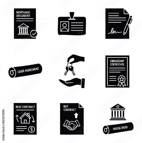 Collection of real estate and legal document icons for property transactions including mortgage, lease, ownership, rent, buy contracts, and house deeds
