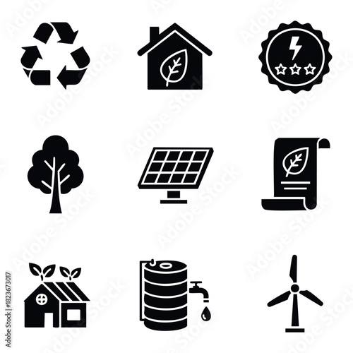 Collection of eco friendly energy and sustainability symbols including recycling, solar panel, wind turbine, tree, house, and water usage icons for environmental conservation concepts.