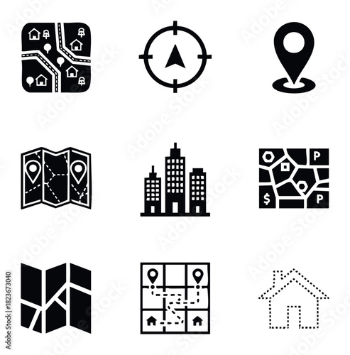 Collection of navigation and locationbased icons including maps, buildings, compass, and house for travel and real estate applications