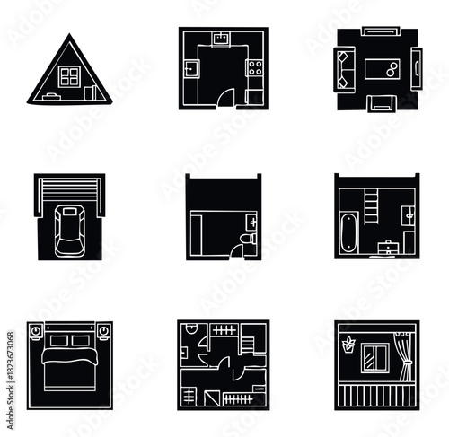 Collection of floor plans and architectural symbols including a triangular house, kitchen, living room, garage, bathroom, bedroom, multistory house layout, and balcony view, suitable for