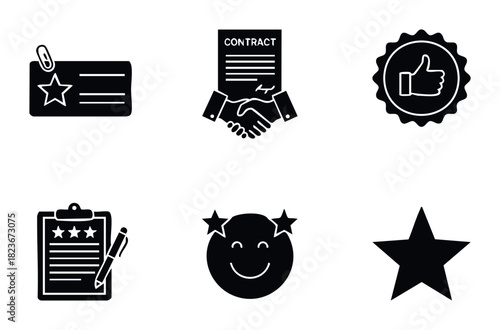 Collection of six vector icons representing business achievements quality customer satisfaction and contract agreements for business use.