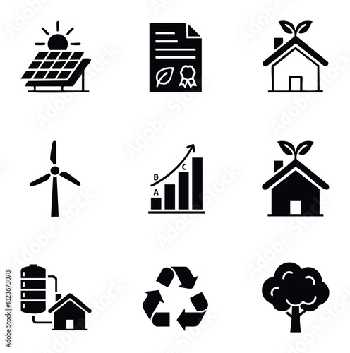 Set of glyph icons representing renewable energy and environmental sustainability for ecofriendly initiatives and green living concepts.