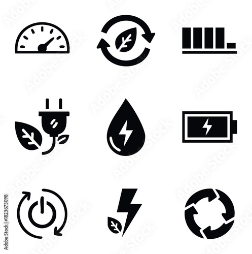 Collection of nine modern glyph icons representing renewable energy concepts like power, efficiency, and sustainability for technology and ecofriendly presentations and interfaces