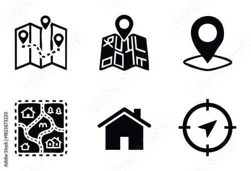 Collection of travel and location icons including maps with pins, a house symbol, and a compass for navigation and destination planning applications