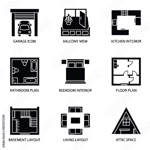 Collection of nine monochrome symbols representing various aspects of home interior and exterior, perfect for architecture or real estate concepts.