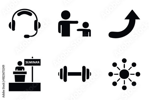 Collection of icons representing communication, guidance, growth, education, fitness, and connection for business and personal development resources.