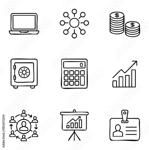 Collection of business and finance icons including laptop computer, money coins, calculator, safe, growth chart, teamwork, presentation board, and ID badge for financial planning and