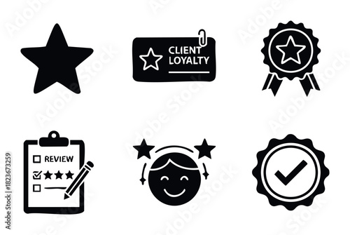 Collection of icons representing customer loyalty programs, star ratings, reviews, and achievement awards for business and marketing use