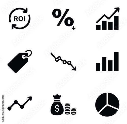 Collection of business and finance icons representing ROI, percentage decrease, growth charts, price tags, money bag, and pie charts for financial analysis and investment concepts.