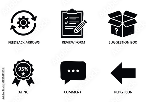 Collection of six service icons including feedback arrows, review form with pencil, suggestion box with question mark, rating badge, comment bubble, and reply arrow representing customer