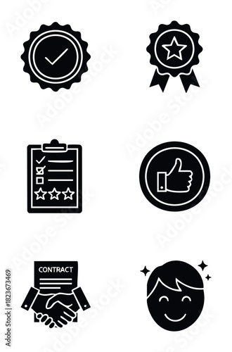 Collection of six simple black glyph icons representing approval, quality, review, feedback, agreement and happiness for business use.