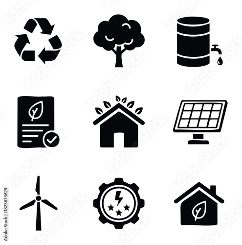 Collection of eco friendly icons featuring recycling symbol tree water barrel eco house solar panel wind turbine and power gear for sustainable living promotion