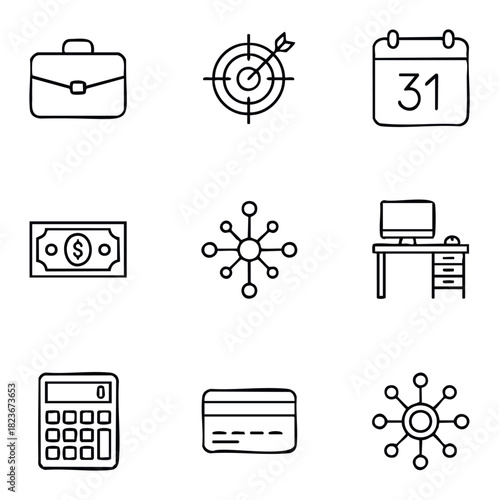 Business finance and strategy icons including briefcase, target, calendar, money, network, computer desk, calculator, and credit card for business planning and financial management concepts