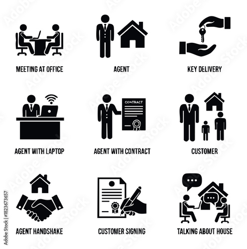 Collection of icons representing real estate agent services including meetings, contracts, key delivery, customer interaction and handshake, ideal for property business promotion.
