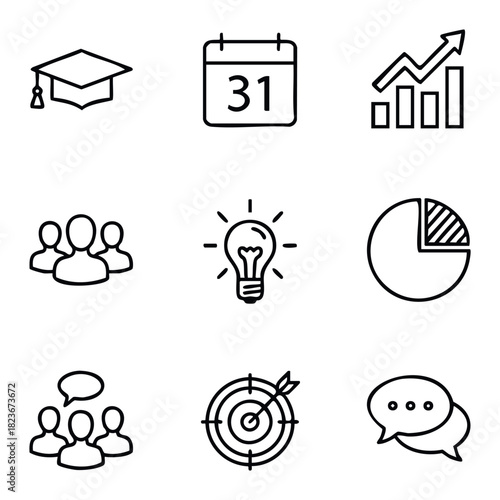 Collection of nine distinct business and education icons including graduation cap, calendar, chart, people, lightbulb, pie chart, target, and speech bubbles for conceptual presentations and