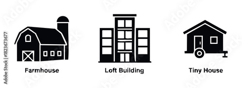 Set of black and white vector icons representing different types of housing including a farmhouse, loft building, and tiny house, perfect for architectural concepts and real estate