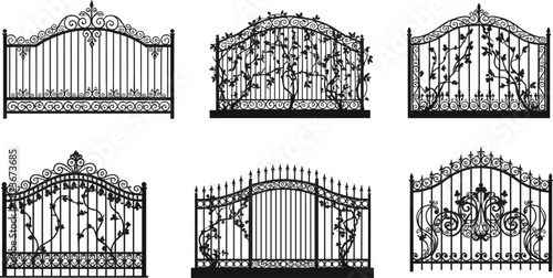 Elegant wrought iron garden gates with ornate floral vine patterns, vintage decorative metalwork, and intricate black silhouette architectural designs set