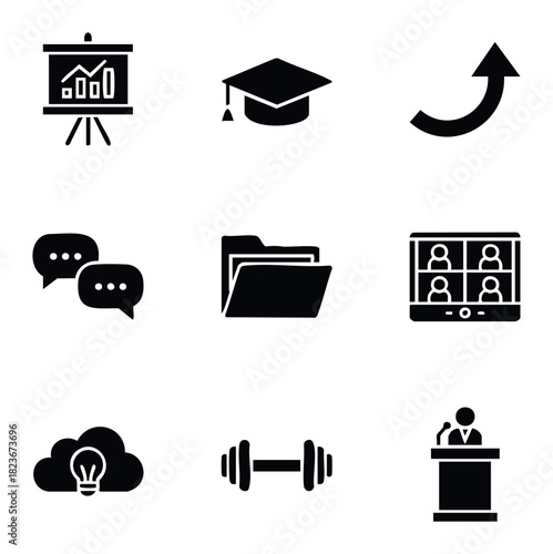 Set of modern flat icons representing business, education, communication, technology, and fitness for use in web and app development projects