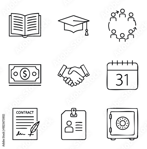 Collection of simplified icons representing education, finance, and business concepts useful for presentations and websites