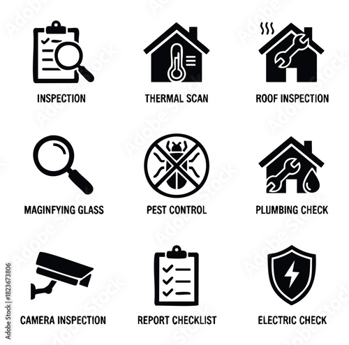 Collection of nine black and white icons representing various home inspection services including thermal scan, roof inspection, pest control, plumbing, camera, and electrical checks for