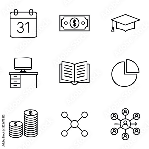 Collection of nine business and finance icons including calendar, money, graduation cap, desk, book, pie chart, coins, network, and team, perfect for presentations and websites.