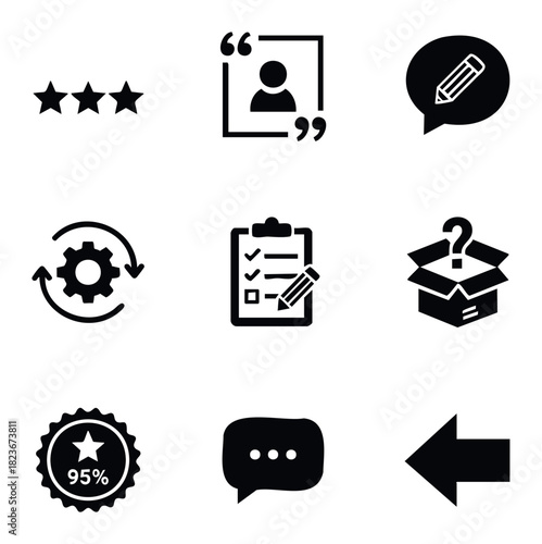 Collection of nine black and white icons representing customer feedback, service, and inquiry for use in business presentations and web applications.