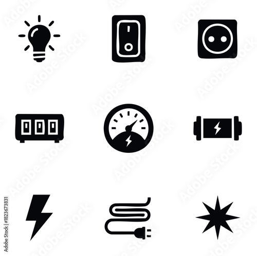 Collection of electrical symbols including light bulb switch outlet meter battery lightning bolt cord and star for power and energy related concepts