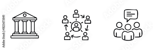 Set of three icons symbolizing government building, teamwork connection, and group discussion for business or organization presentations.