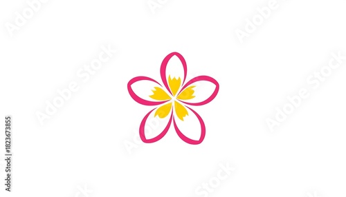 Stylized plumeria blossom with pink outline and yellow center, isolated on a white background