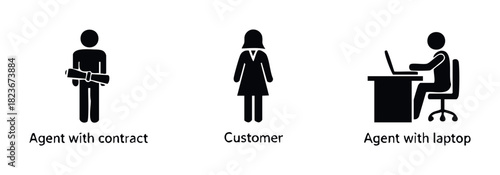 Diverse business roles represented by simple icons agent with contract, customer, and agent with laptop, suitable for corporate presentations and professional services marketing.