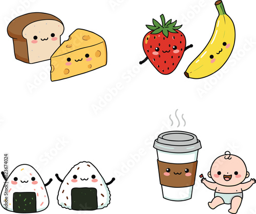 Cute kawaii food characters with bread, cheese, fruits, onigiri rice balls, coffee cup, and happy baby in adorable cartoon style