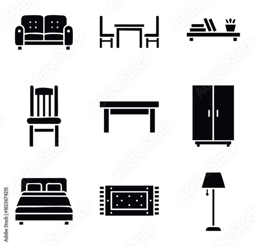 Collection of modern furniture icons for home interior design concepts like living rooms, dining rooms, bedrooms, and storage solutions, perfect for web, app, and print applications.