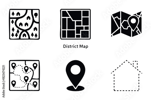 Collection of map and location related icons including district map, folded map with pin, waypoints on a map, and house outline perfect for navigation and real estate applications