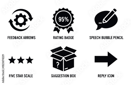 Collection of flat black icons representing feedback, ratings, communication, stars, suggestions, and replies for business applications and web use