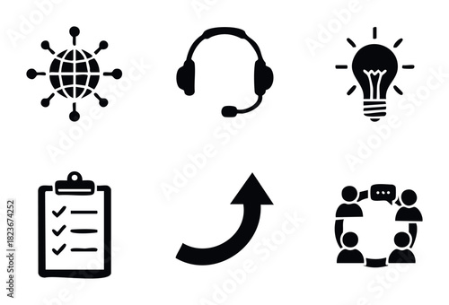 Set of six graphic icons representing global connection, customer support, innovation, task management, growth, and teamwork for business presentations.