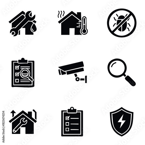 Set of black icons representing home maintenance and security services like repairs, pest control, surveillance, and inspection for real estate or building management.
