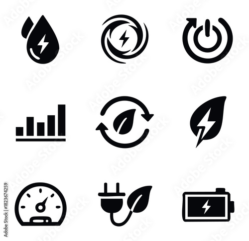 Collection of clean energy and sustainability icons representing water, wind, power, growth, and battery life for ecofriendly and technology concepts.
