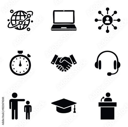Collection of nine solid black business and education icons including global network, laptop, networking, stopwatch, handshake, headset, mentorship, graduation cap, and podium for