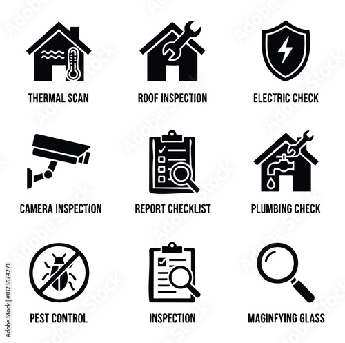 Collection of nine home inspection icons including thermal scan, roof repair, electric check, camera surveillance, report checklist, plumbing fix, pest control, inspection document, and