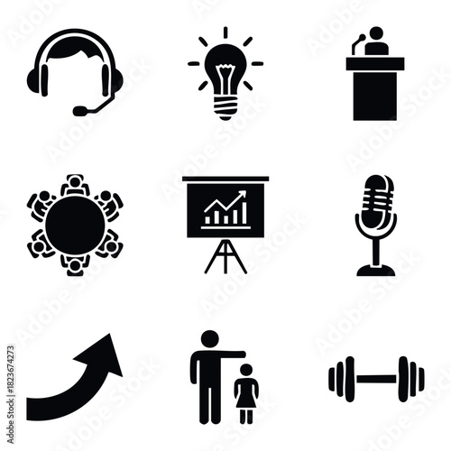 Collection of business and fitness icons including a headset person, lightbulb idea, podium speaker, meeting, presentation, microphone, upward arrow, parent and child, and dumbbell for